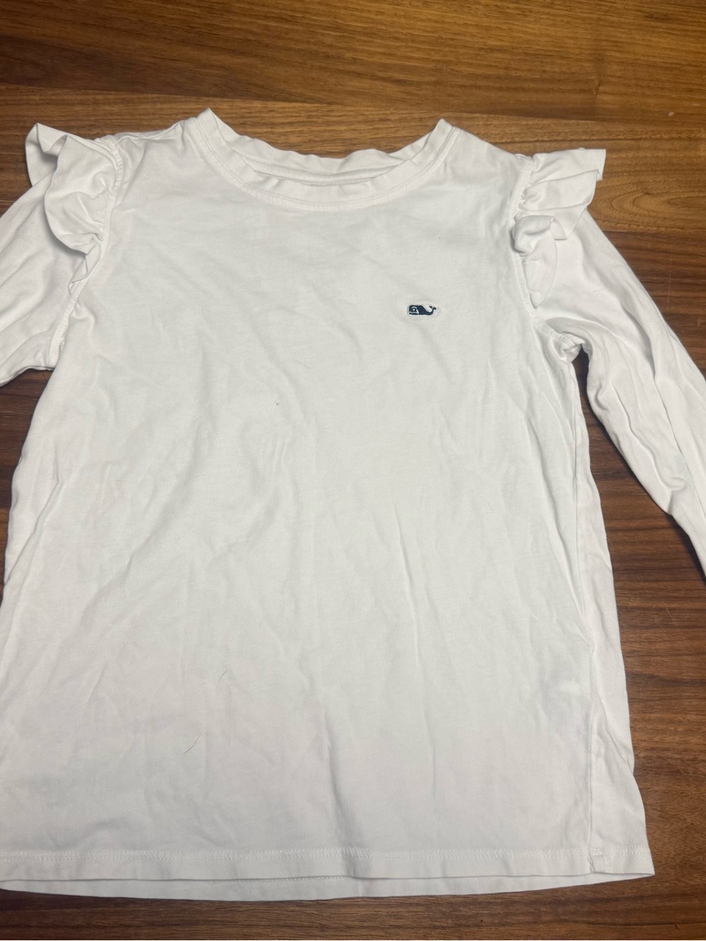Vineyard Vines Girls White Long Sleeve Ruffle Shoulder Tee - Size S